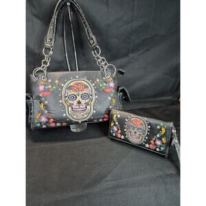 Montana West Conceal Carry Purse Sugar Skull Bedazzle With Matching Wallet